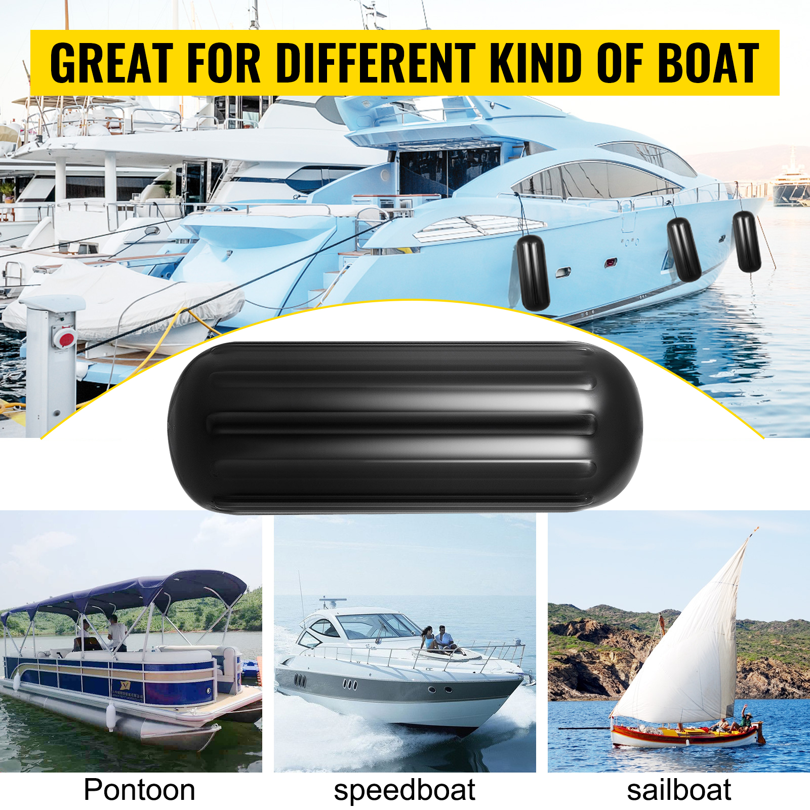 VEVOR boat fenders protecting yacht, pontoon, speedboat, and sailboat.