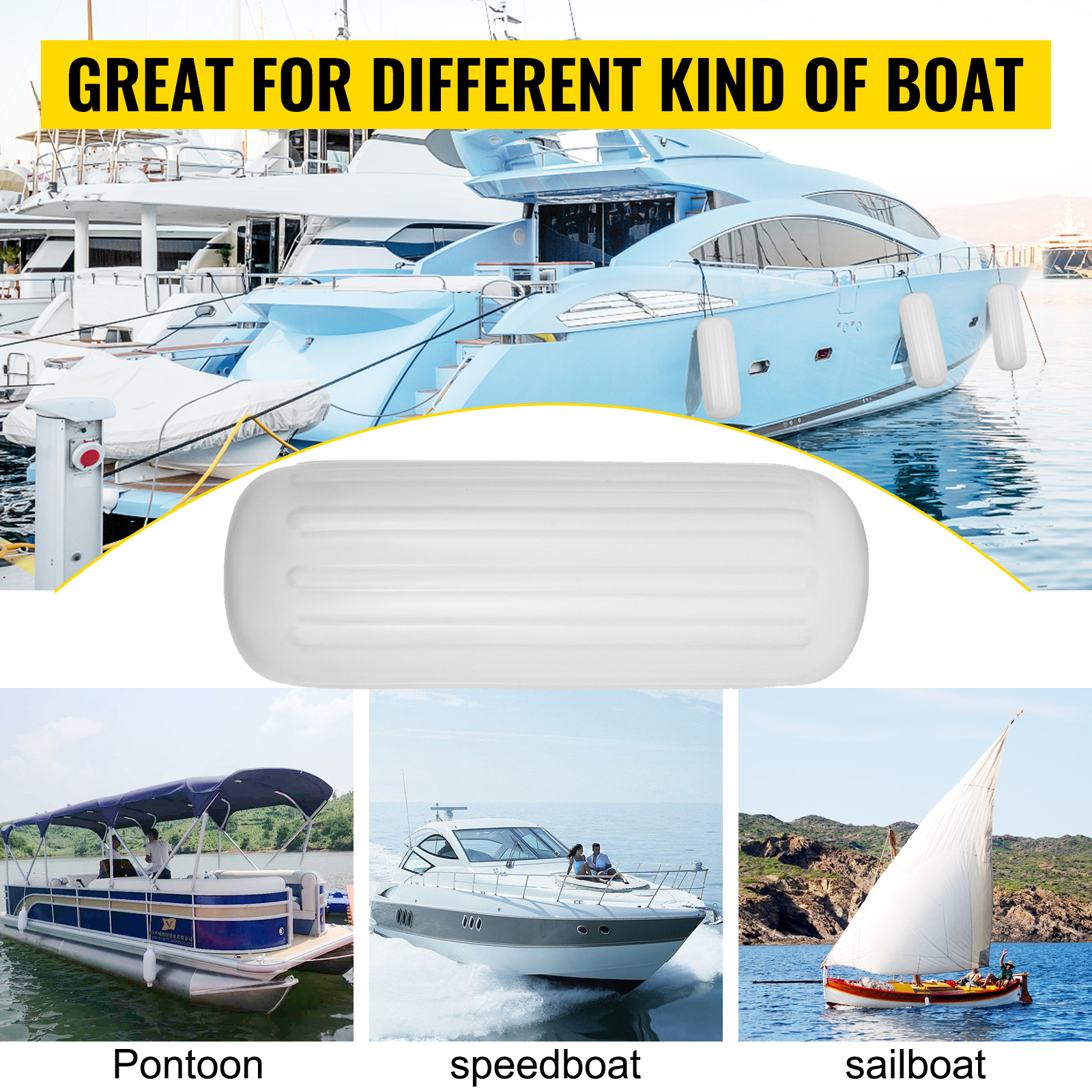 VEVOR boat fenders protecting various boats: pontoon, speedboat, and sailboat at the dock.