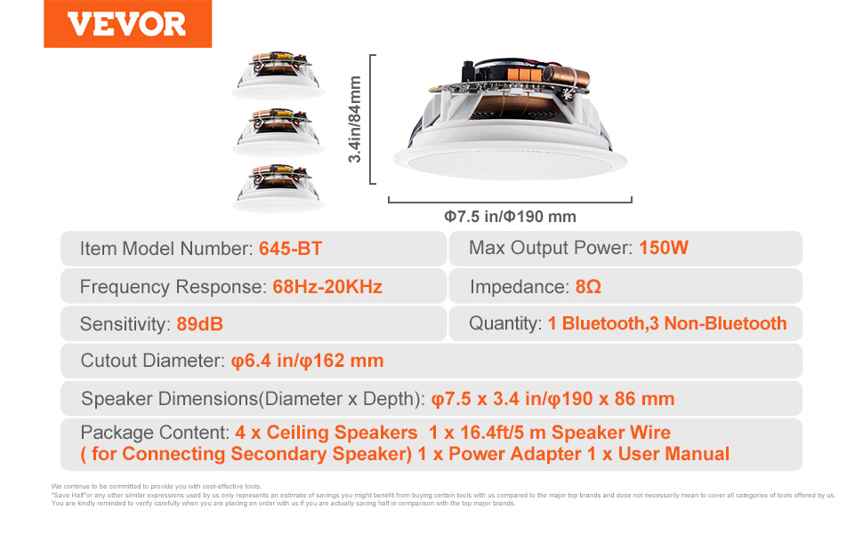 VEVOR bluetooth ceiling speakers with 150w power, 68hz-20khz response, and 89db sensitivity.