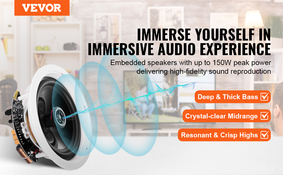 VEVOR bluetooth ceiling speakers with 150w power, deep bass, crystal-clear midrange, resonant highs