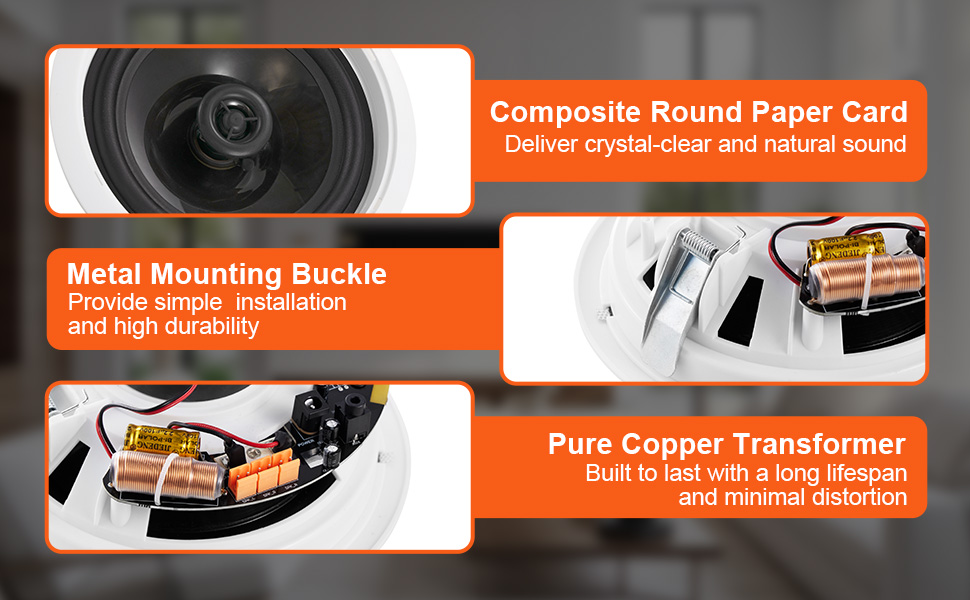 VEVOR bluetooth ceiling speakers with composite round paper card, metal mounting buckle, and pure copper transformer.
