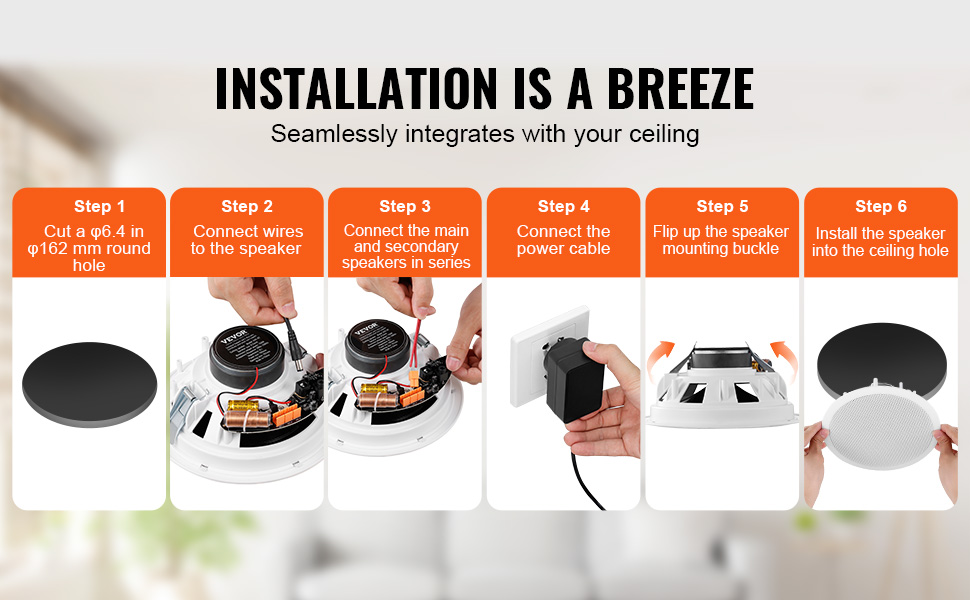 VEVOR bluetooth ceiling speakers installation steps, from hole cutting to speaker placement.