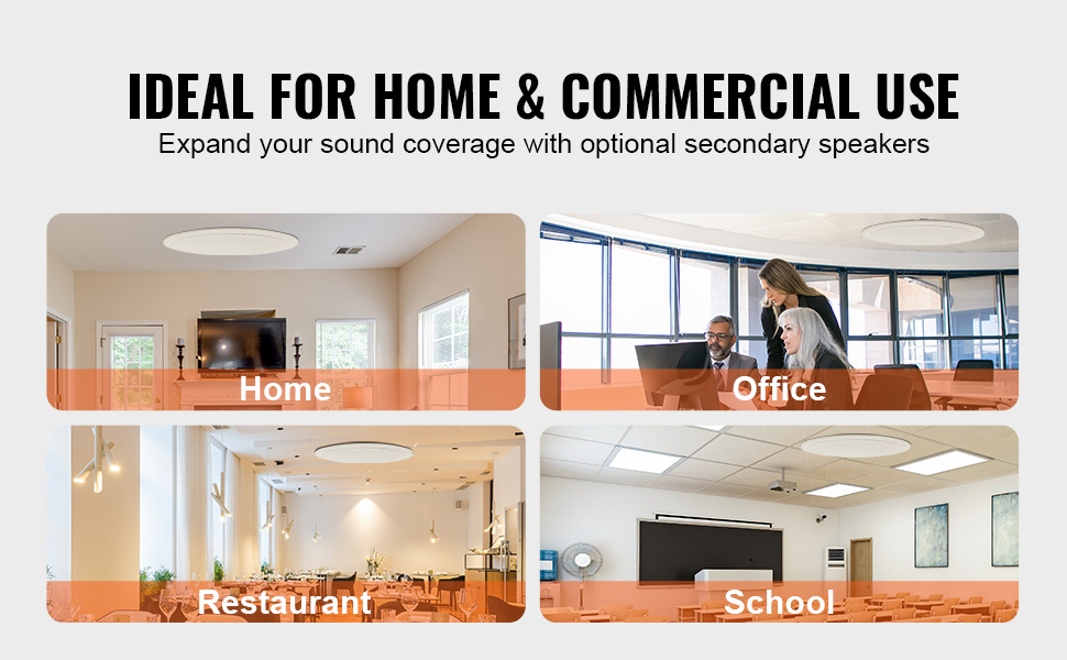 VEVOR bluetooth ceiling speakers for home, office, restaurant, and school use; ideal for diverse settings.