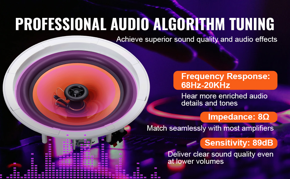 VEVOR ceiling speakers with pro audio tuning, 68hz-20khz frequency response, 8ω impedance, 89db sensitivity.