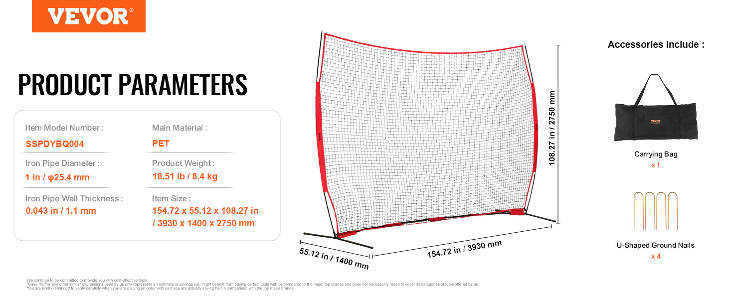 VEVOR barricade backstop net with dimensions, accessory bag, and ground nails showcased.