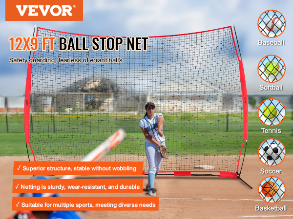 VEVOR barricade backstop net, 12x9 ft, ideal for baseball, softball, soccer, tennis, and basketball.