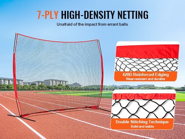 VEVOR barricade backstop net on a running track with 420d reinforced edging and double stitching technique.