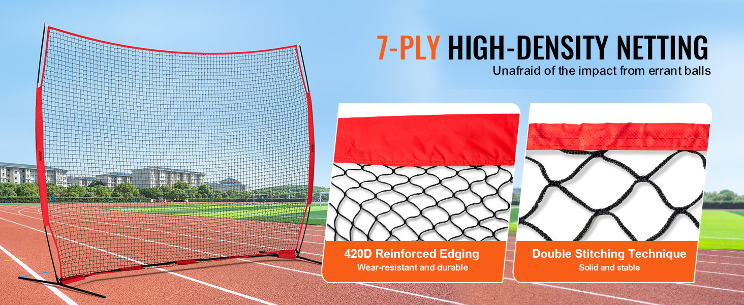 VEVOR barricade backstop net on a running track with 420d reinforced edging and double stitching technique.