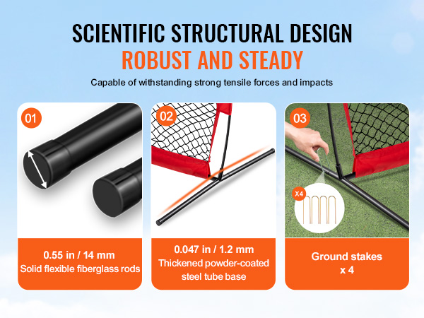scientific structural design of VEVOR barricade backstop net, featuring steel base and ground stakes.