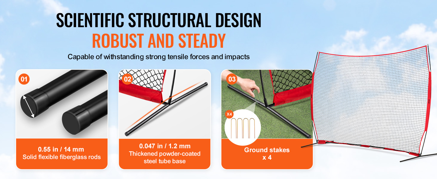scientific structural design of VEVOR barricade backstop net, featuring steel base and ground stakes.