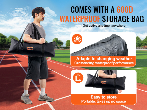 VEVOR barricade backstop net comes with a 600d waterproof storage bag, perfect for outdoor activities.