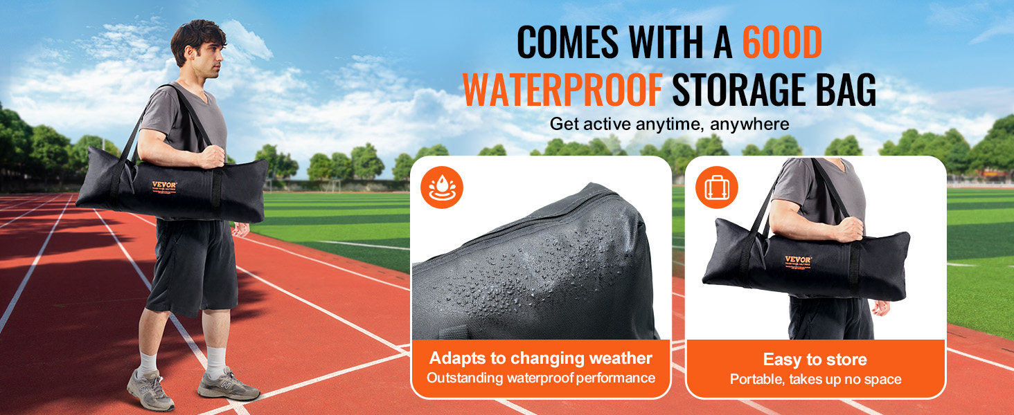 VEVOR barricade backstop net comes with a 600d waterproof storage bag, perfect for outdoor activities.