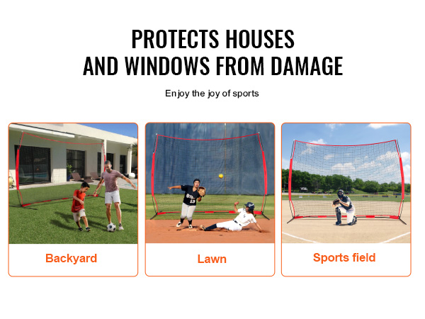 VEVOR barricade backstop net for backyard, lawn, and sports field, protecting houses and windows.