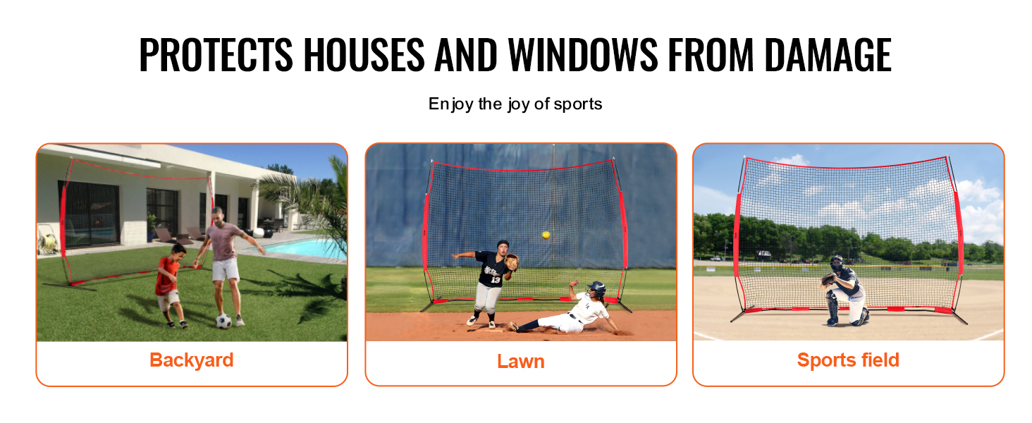 VEVOR barricade backstop net for backyard, lawn, and sports field, protecting houses and windows.