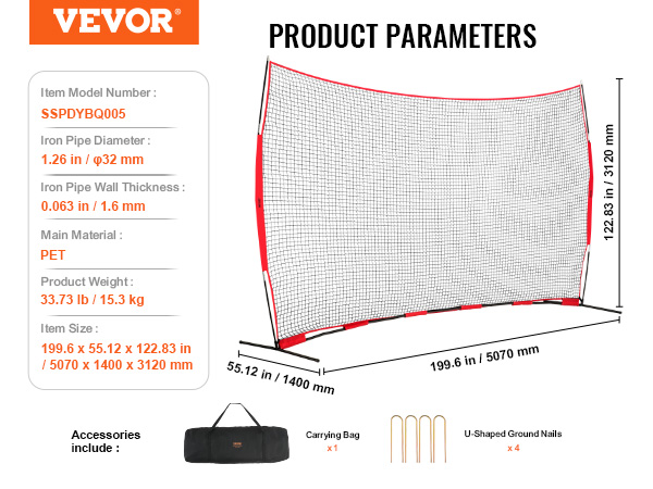 VEVOR barricade net with carrying bag and u-shaped ground nails, specifications highlighted.