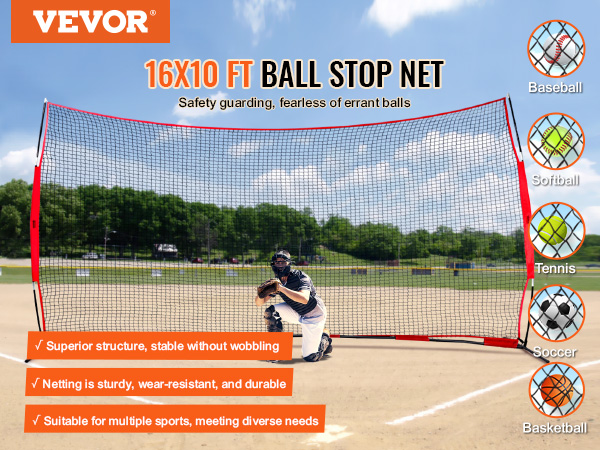 VEVOR barricade net for baseball, softball, tennis, soccer, and basketball. 16x10 ft ball stop net.