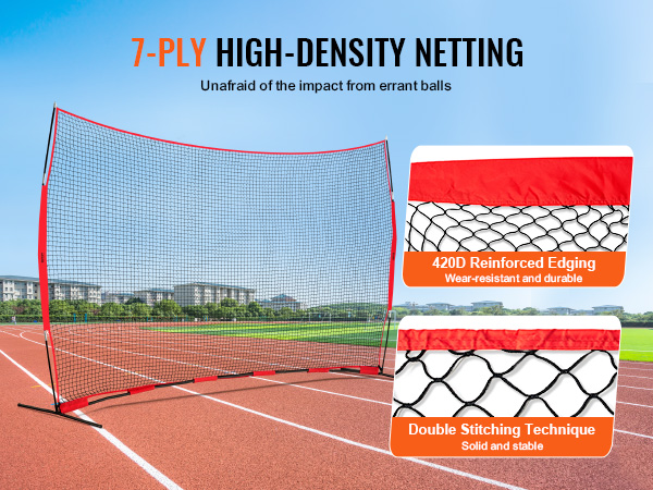 7-ply high-density VEVOR barricade net with 420d reinforced edging and double stitching on a track field.