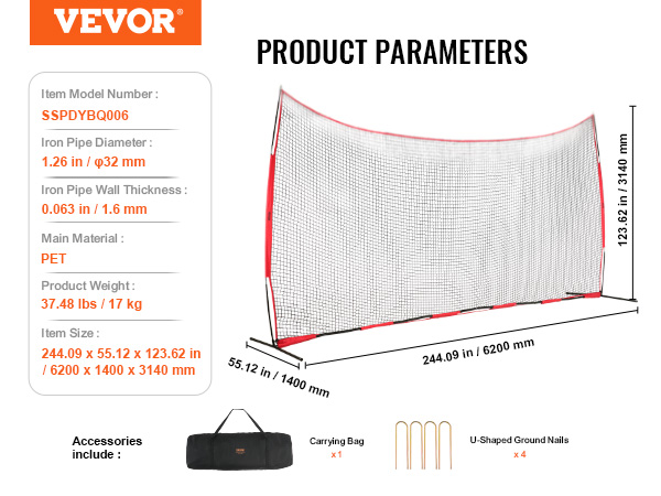 VEVOR backstop net, 6200 x 1400 x 3140 mm pet material, includes carrying bag and ground nails.