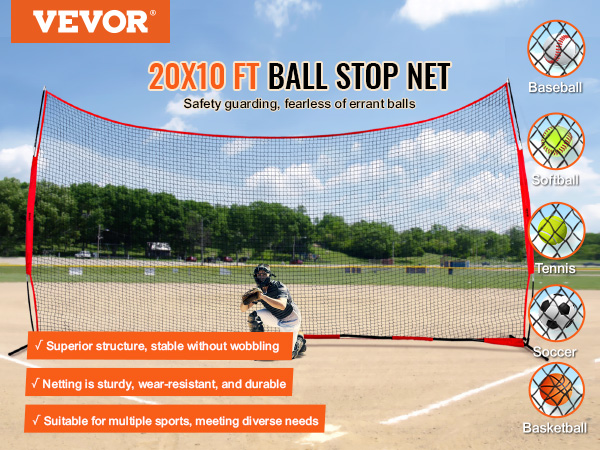 VEVOR backstop net: 20x10 ft, durable and wear-resistant, ideal for baseball, softball, tennis, soccer, basketball.