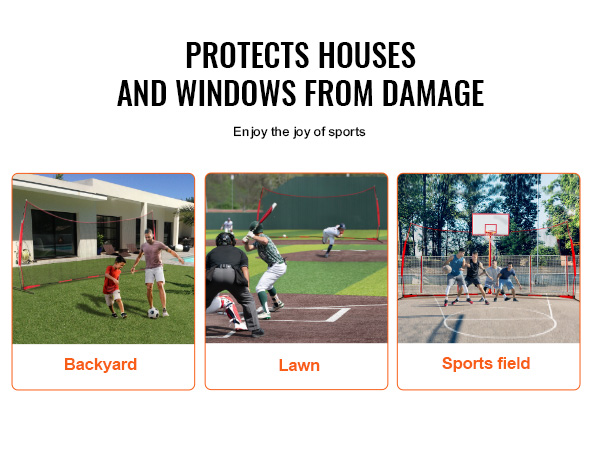 VEVOR backstop net protecting houses and windows in backyard, lawn, and sports field scenarios.