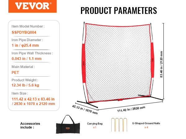 VEVOR backstop net, 111.42x42.13x83.46 in, pet material, includes carrying bag and ground nails.