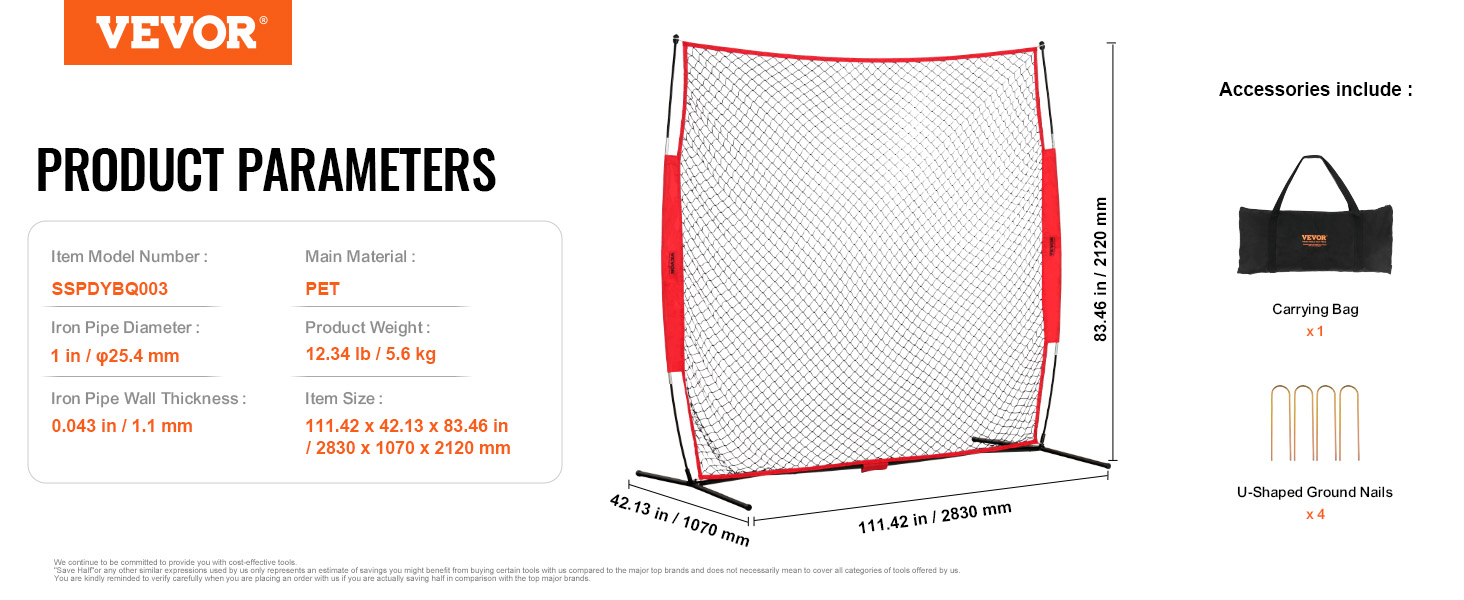 VEVOR backstop net, 111.42x42.13x83.46 in, pet material, includes carrying bag and ground nails.