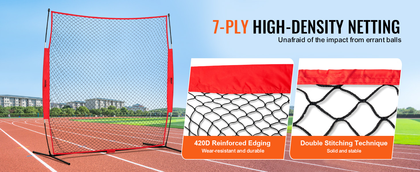 VEVOR backstop net on a track field with 7-ply high-density netting and reinforced edging for durability.