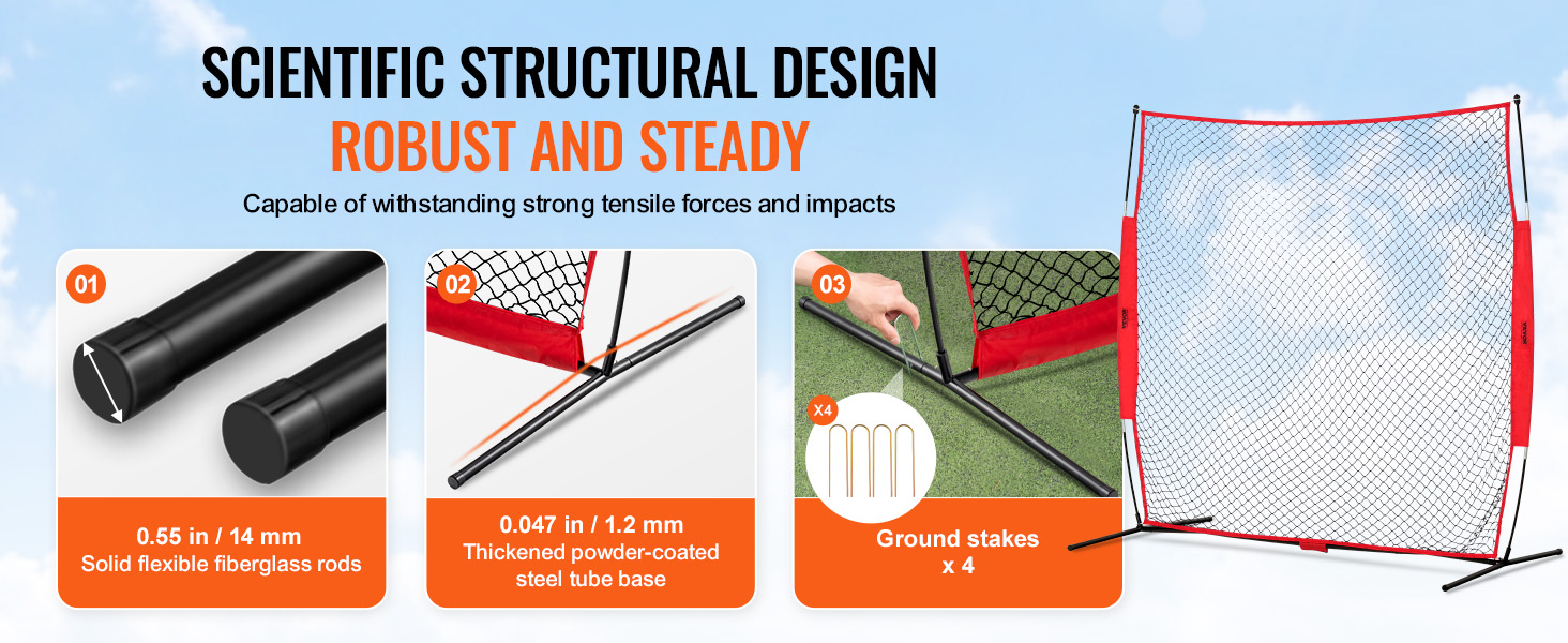 scientific structural design of VEVOR backstop net with fiberglass rods, steel base, and ground stakes.