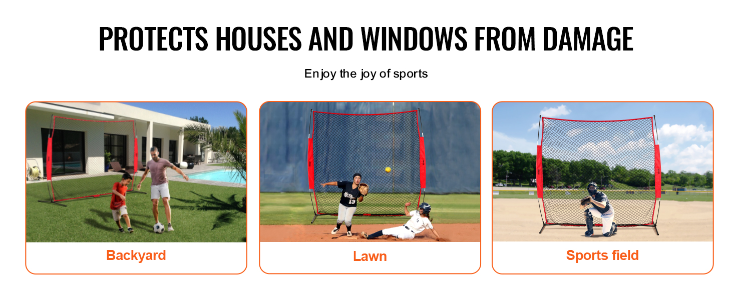 VEVOR backstop net for backyard, lawn, and sports field, protecting houses and windows from damage.