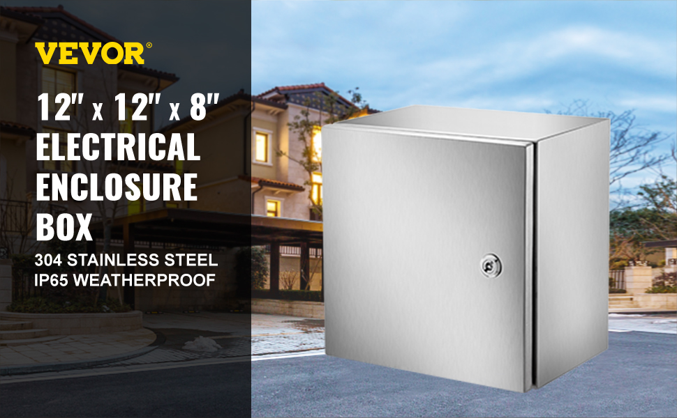 VEVOR nema stainless steel enclosure, 12"x12"x8", ip65 weatherproof against house backdrop.