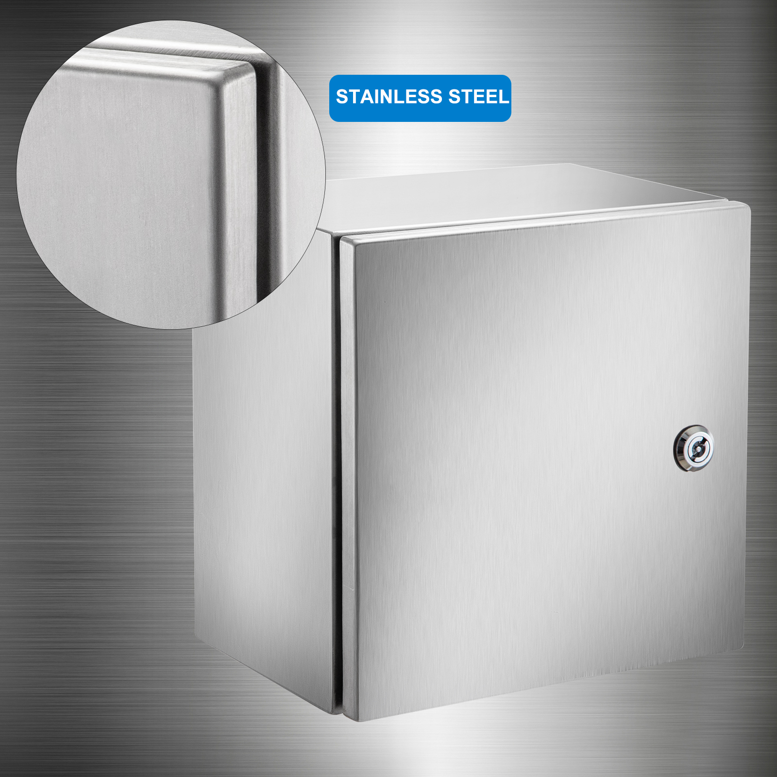 VEVOR nema stainless steel enclosure with close-up detail and lockable door.