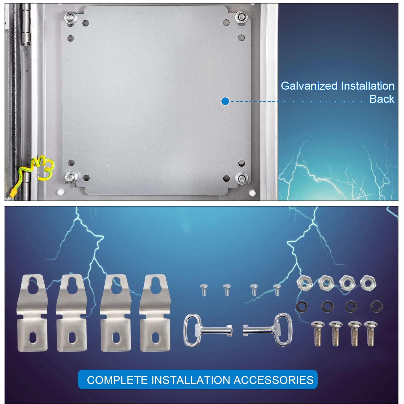 VEVOR nema stainless steel enclosure with galvanized back and installation accessories.