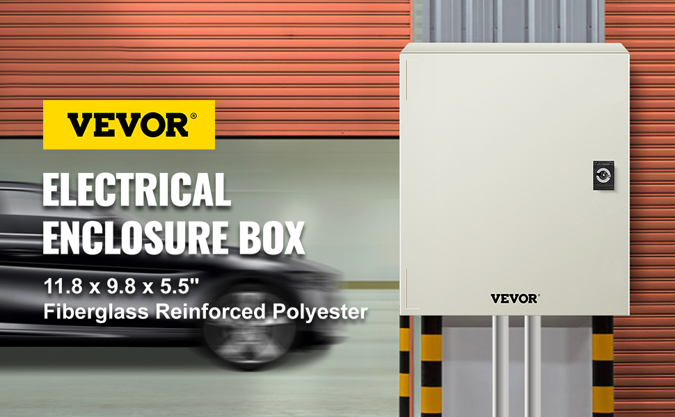 VEVOR fiberglass electrical enclosure near red roller shutters.