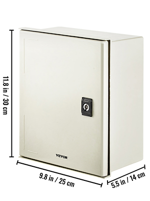VEVOR fiberglass electrical enclosure with dimensions 11.8in x 9.8in x 5.5in.