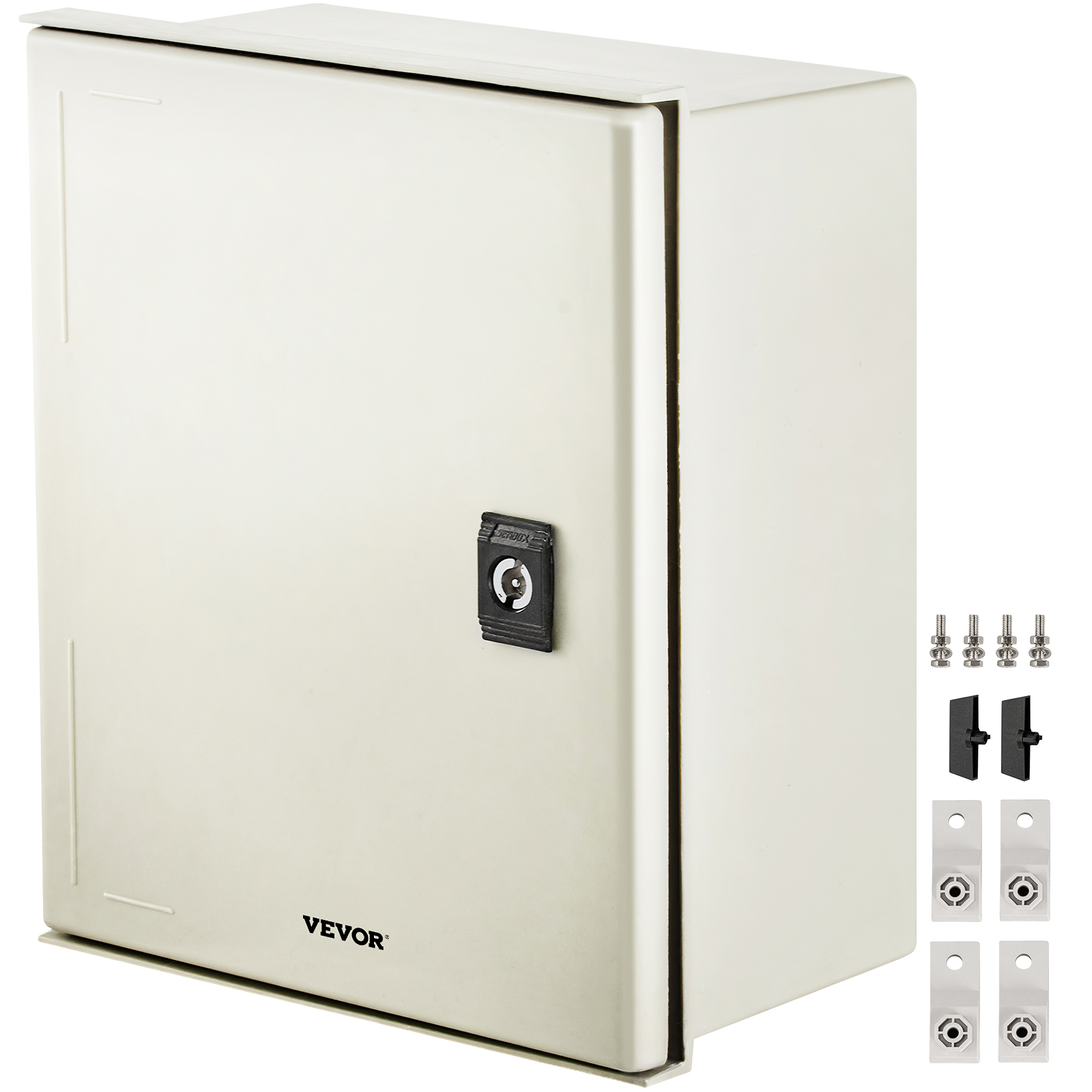 VEVOR fiberglass electrical enclosure with lock, screws, and mounting accessories.