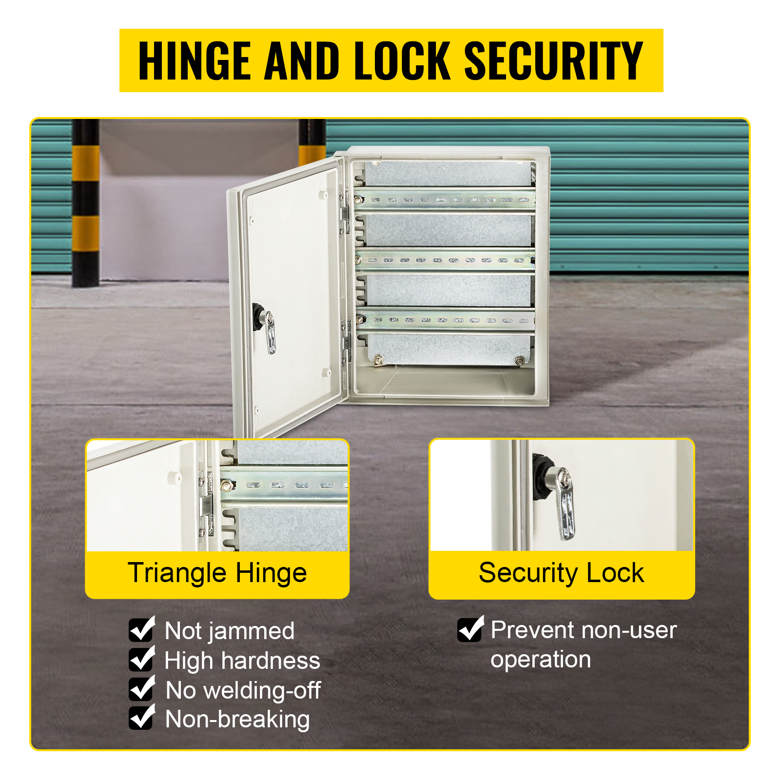 VEVOR fiberglass electrical enclosure with hinge and lock security.