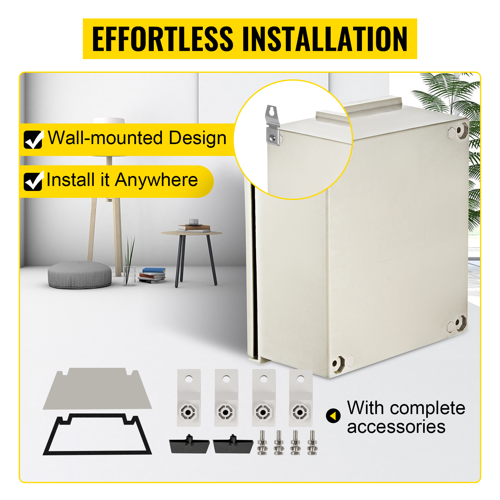 VEVOR fiberglass electrical enclosure with wall-mounted design and accessories.
