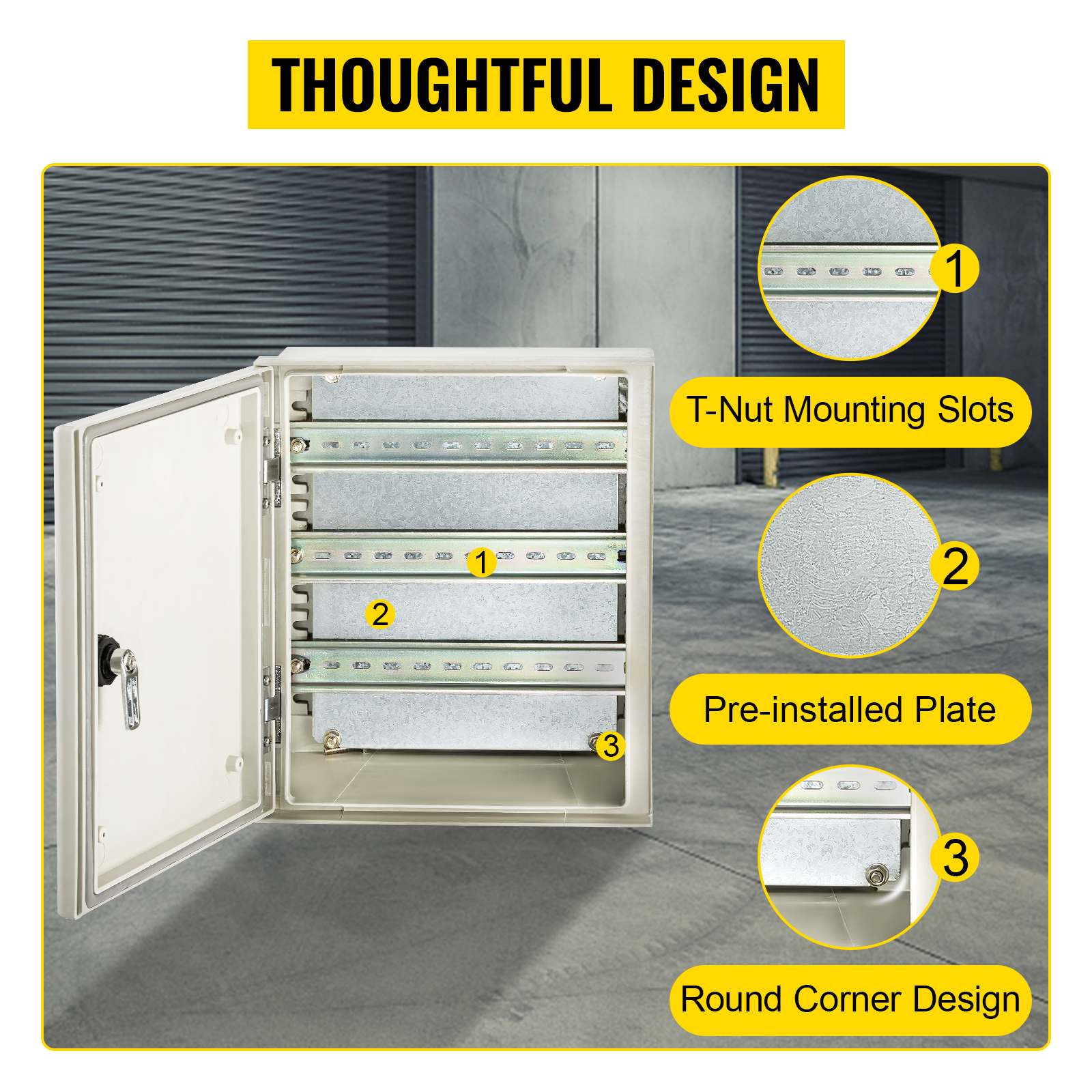 VEVOR fiberglass electrical enclosure with t-nut mounting slots and pre-installed plate.