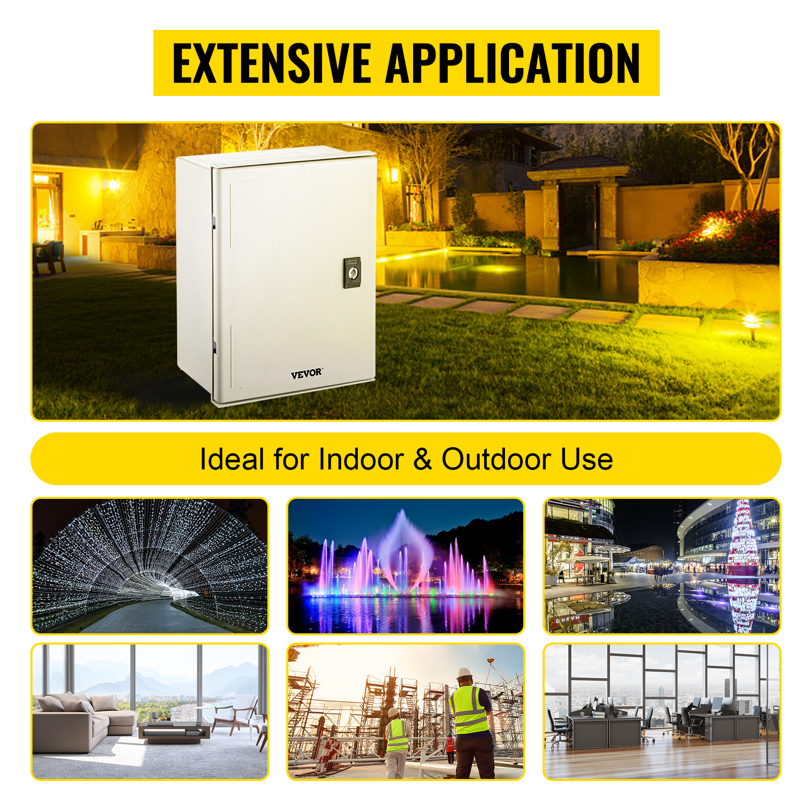 VEVOR fiberglass electrical enclosure for various indoor and outdoor applications.