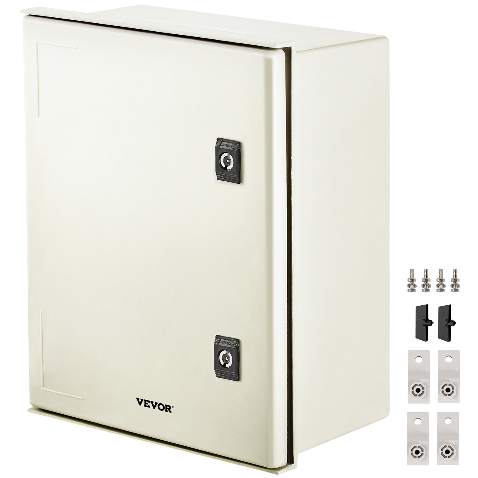 VEVOR nema steel enclosure with locks and additional mounting hardware.