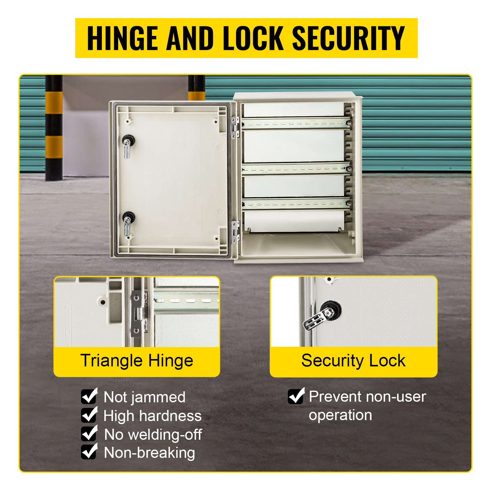 VEVOR nema steel enclosure with secure hinge and lock, preventing unauthorized access.