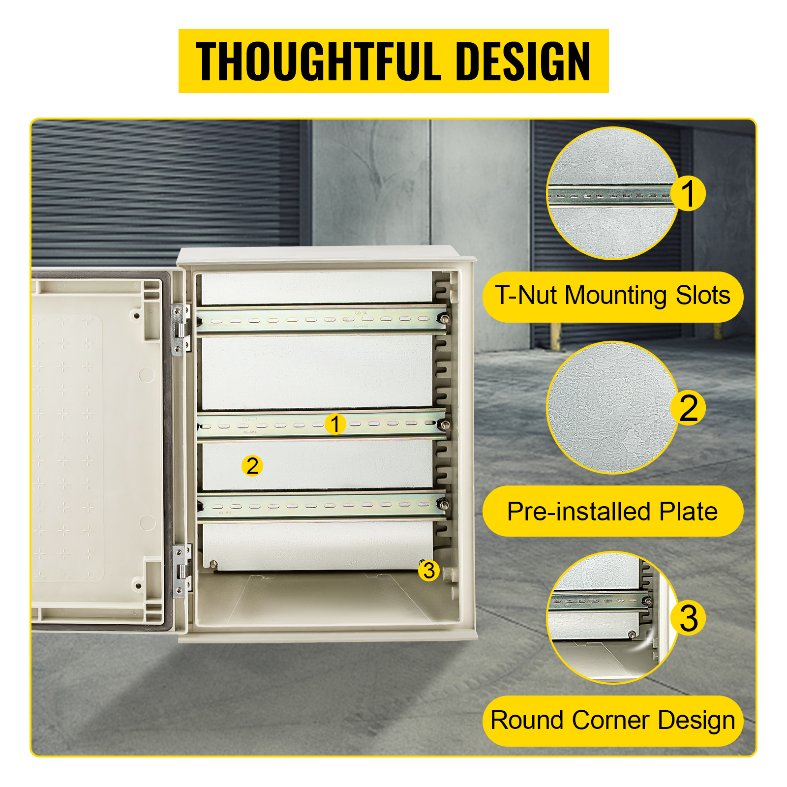VEVOR nema steel enclosure with t-nut mounting slots, pre-installed plate, and round corners.