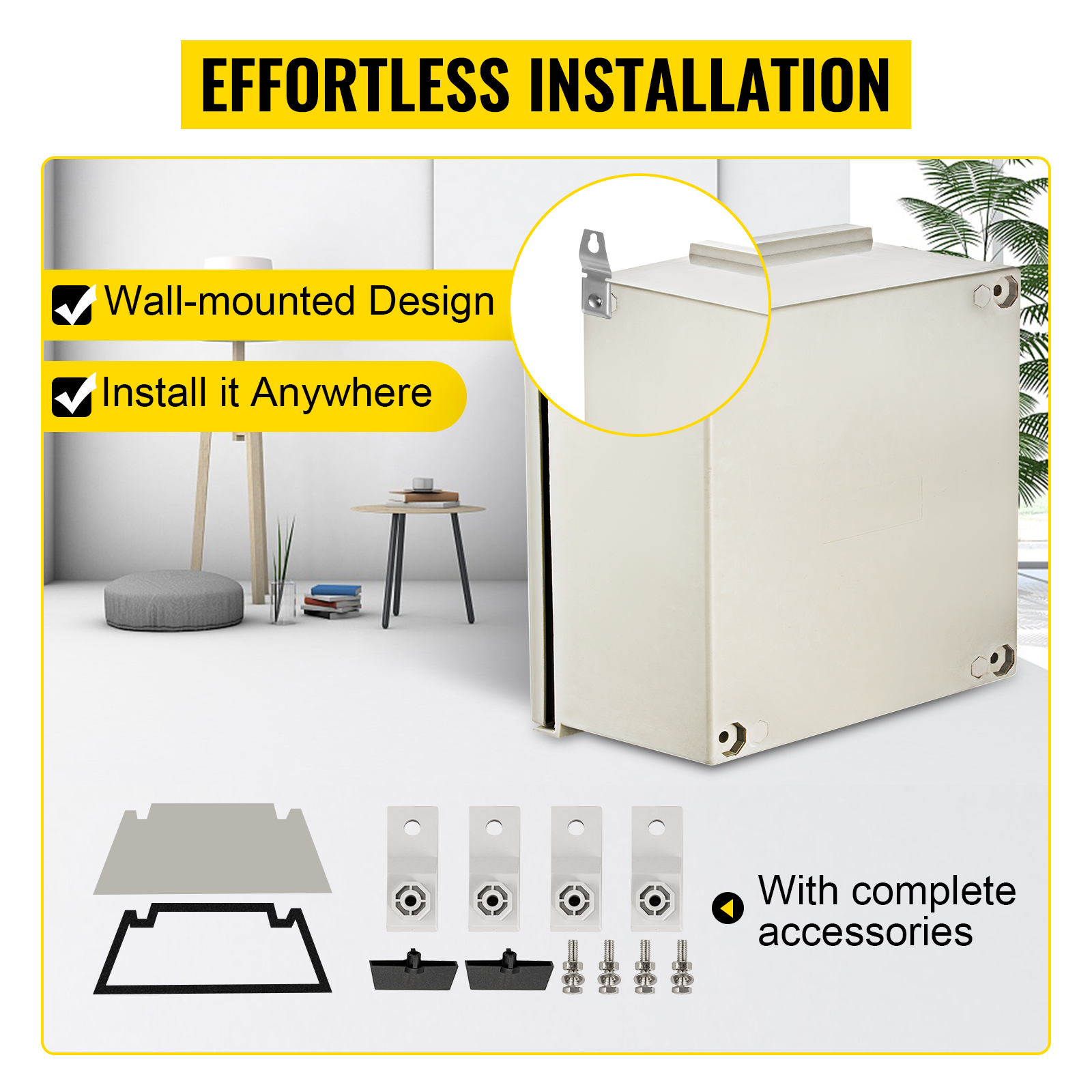 VEVOR nema 4x electrical enclosure with accessories for wall-mounted installation.