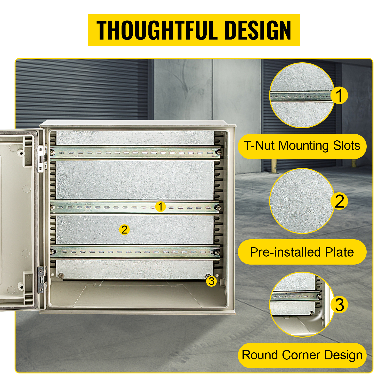 VEVOR nema 4x electrical enclosure with t-nut mounting slots and round corner design.