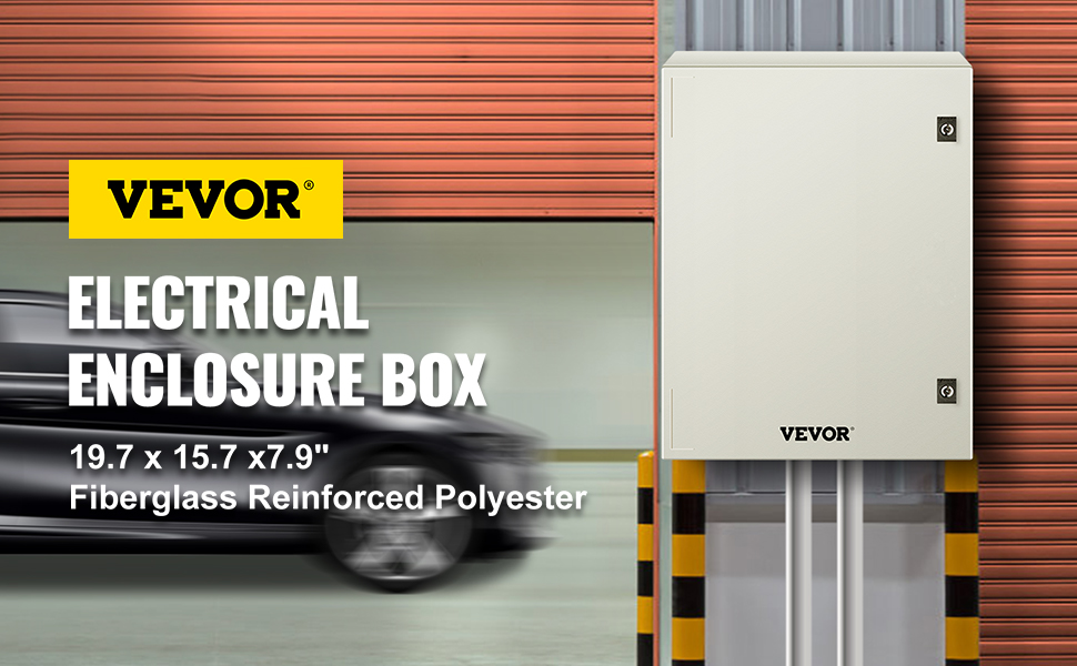 VEVOR nema enclosure on industrial background, dimensions 19.7 x 15.7 x 7.9 inches.