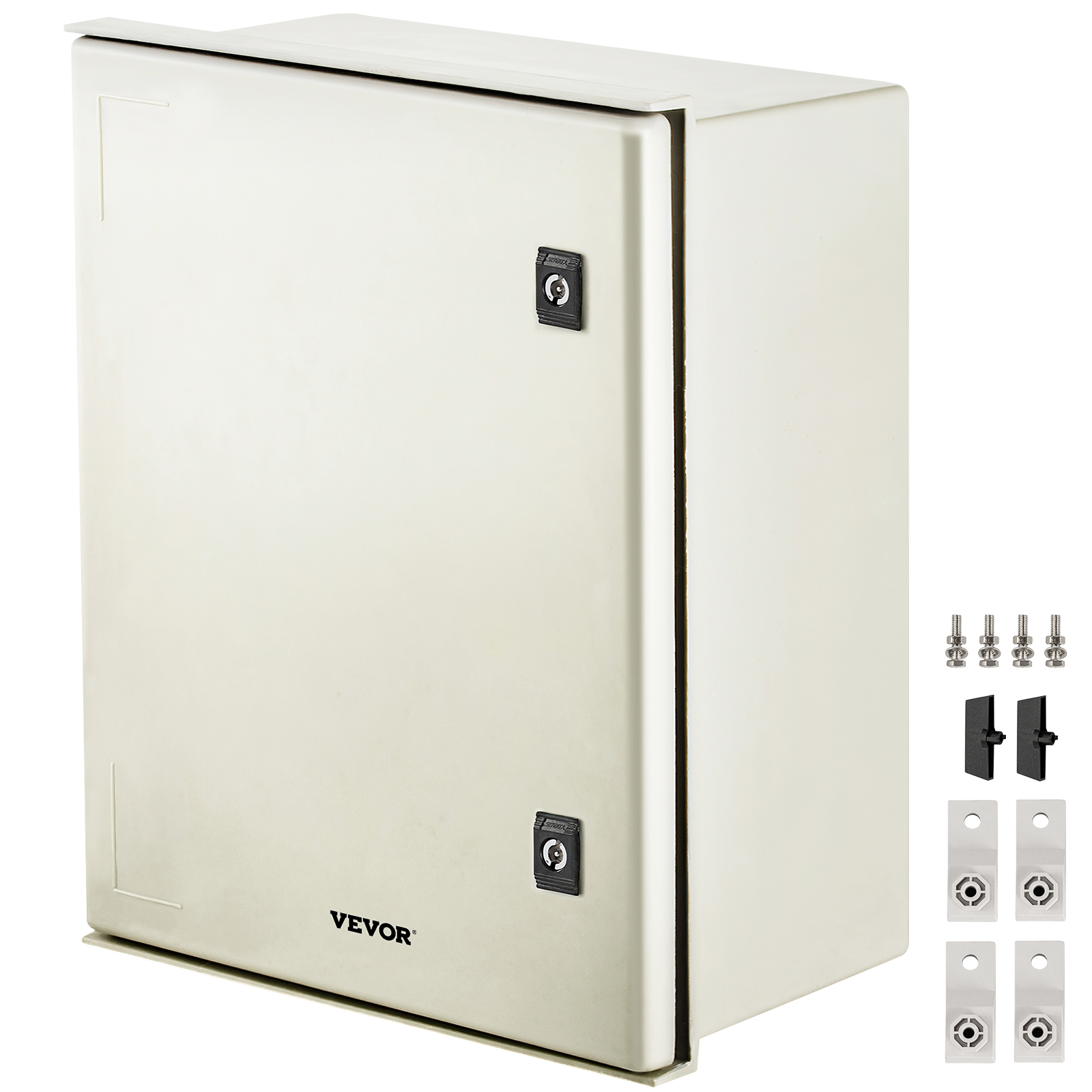 VEVOR nema enclosure with lock, mounting hardware, and brackets.