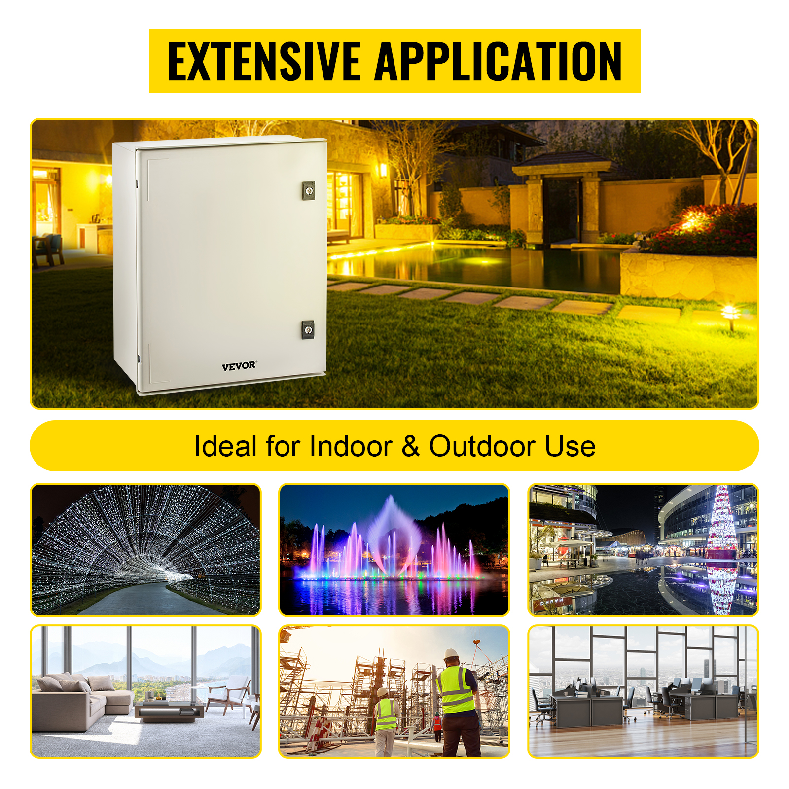 VEVOR nema enclosure for indoor and outdoor use, highlighting diverse applications.