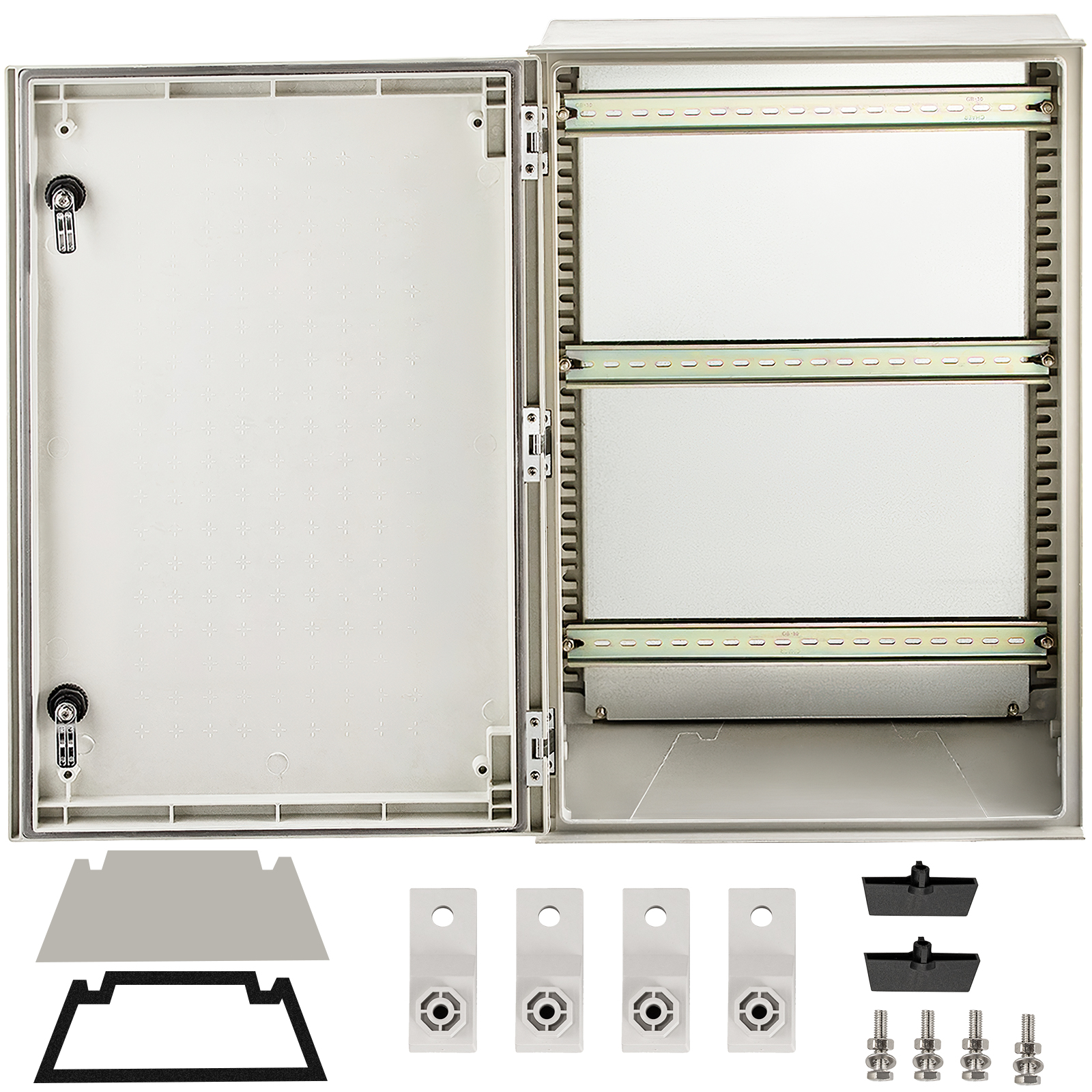 VEVOR nema 4x enclosure with mounting accessories, open to show internal panels.