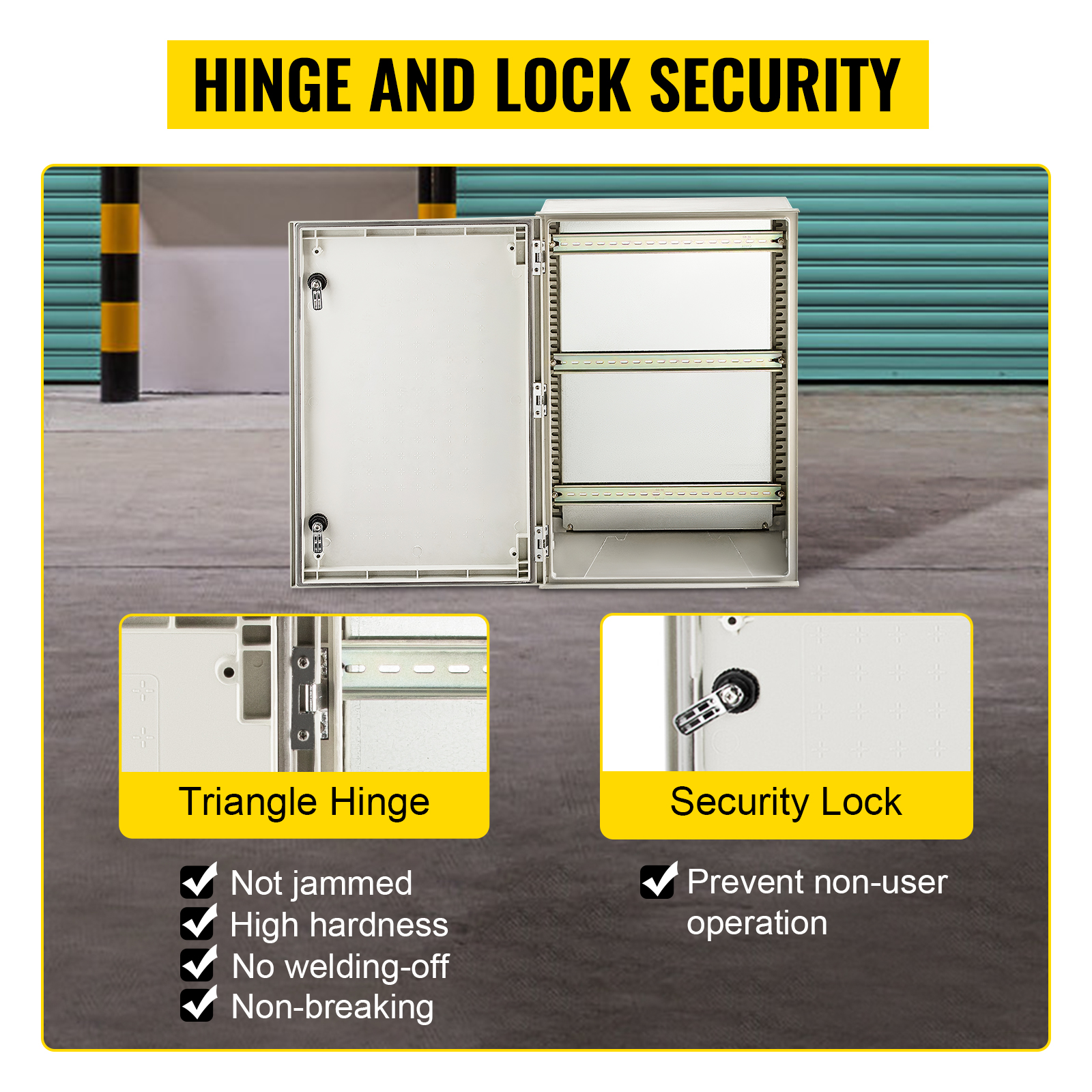 VEVOR nema 4x enclosure with triangle hinge and security lock for high durability.