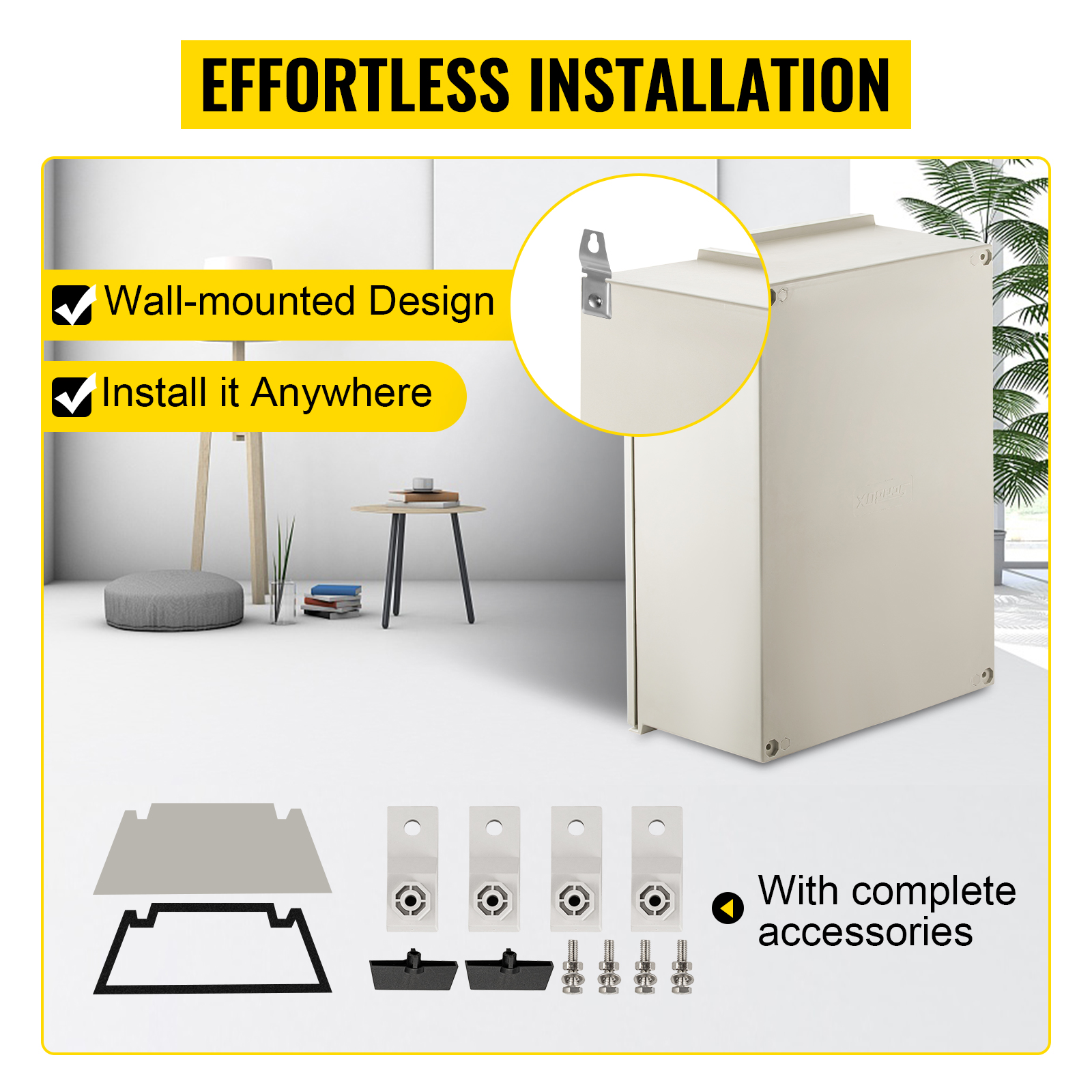 VEVOR nema 4x enclosure installation with accessories and wall-mounted design.